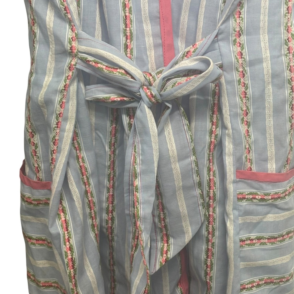 Vintage Blue Pink Floral Stripe Sleeveless Apron Dress Tie Back Pockets Retro - Picture 5 of 9